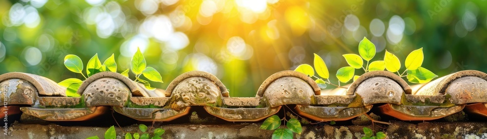 A serene scene of a roof edge adorned with vibrant green leaves, illuminated by golden sunlight filtering through the background. A serene scene of a roof edge adorned with vibrant green leaves, illuminated by golden sunlight filtering through the background.