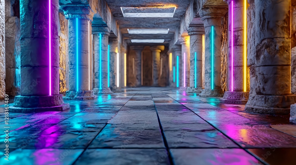 Fototapeta premium neon lights ancient temple corridor - retrofuturism