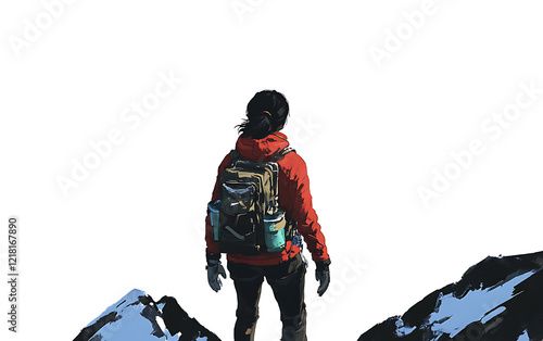 A lone hiker contemplates the vast, snow-capped mountain range, a journey of solitude and breathtaking views.  The journey awaits photo