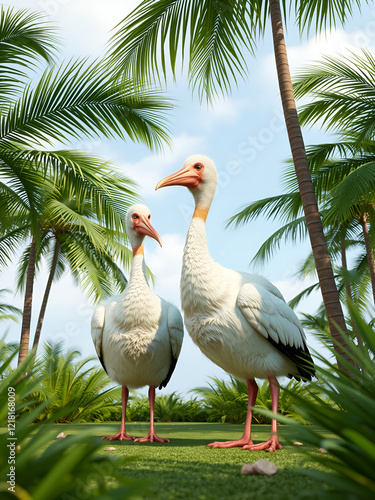 Two dodo birds stand in the tropical environment of the island of Mauritia.  Now extinct, the flightless birds heedlessly wander around through the palm trees. 3D Rendering photo