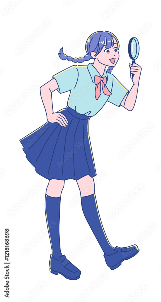 虫眼鏡を覗くアニメ調の女子学生 虫眼鏡を覗くアニメ調の女子学生