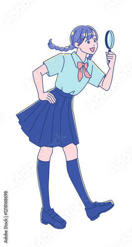 虫眼鏡を覗くアニメ調の女子学生