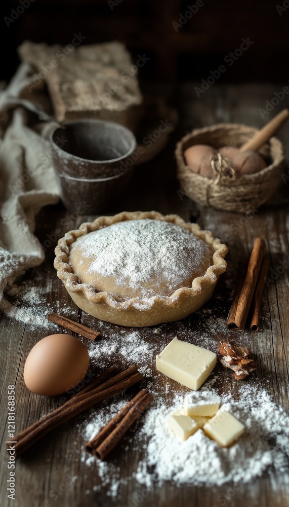 Homemade pie crust preparation with flour, butter, cinnamon, and eggs. Homemade pie crust preparation with flour, butter, cinnamon, and eggs.