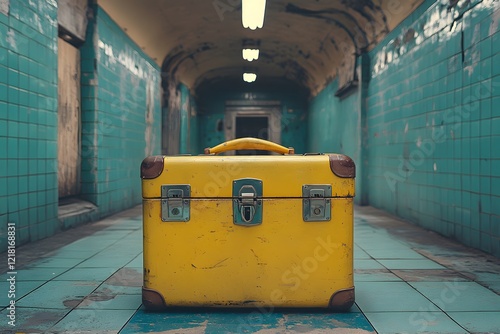 A vibrant yellow suitcase, ready for a journey, resembles a miniature toy truck, hinting at exciting travel adventures photo