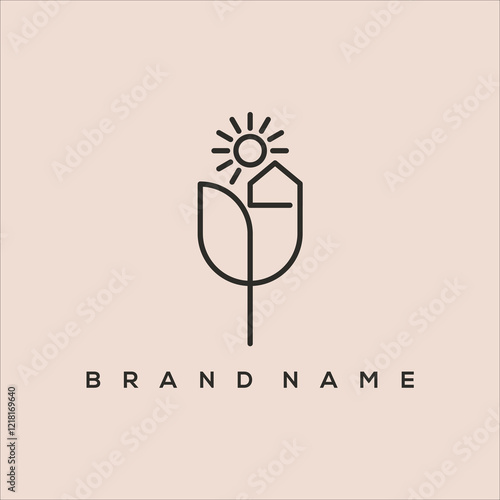 line art flower, house and sun logo vector