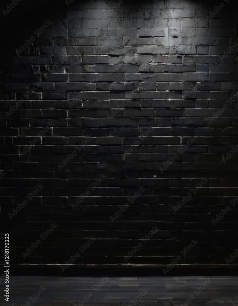 Dark and Mysterious Black Brick Wall with Weathered Texture, Low Angle View with Dim Lighting. Dark and Mysterious Black Brick Wall with Weathered Texture, Low Angle View with Dim Lighting.