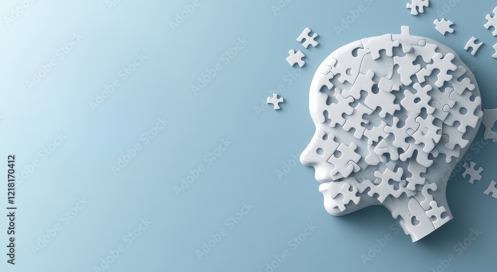 white puzzle in shape of human head symbolizes creativity and problem solving. scattered pieces represent complexity of thoughts and ideas white puzzle in shape of human head symbolizes creativity and problem solving. scattered pieces represent complexity of thoughts and ideas