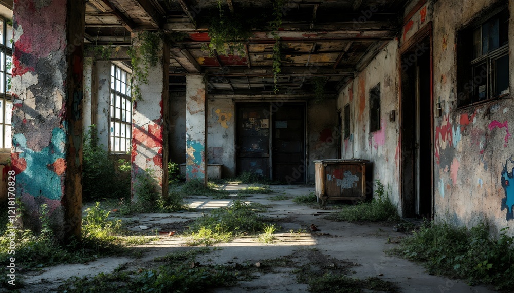 Fototapeta premium Sunlit Ruins: An Abandoned Building's Serene Decay