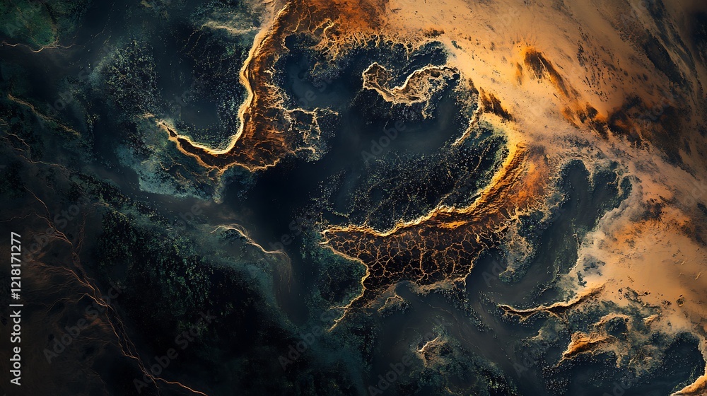 Aerial view of intricate natural patterns resembling abstract art in vibrant colors. Aerial view of intricate natural patterns resembling abstract art in vibrant colors.