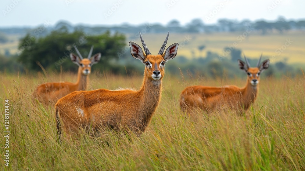 Three antelopes stand in a field with tall grass looking into the camera in Africa Three antelopes stand in a field with tall grass looking into the camera in Africa