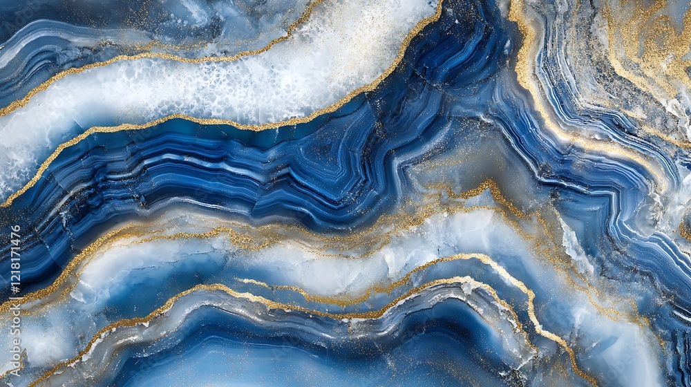 Fototapeta premium Abstract Blue Agate Texture With Gold Accents