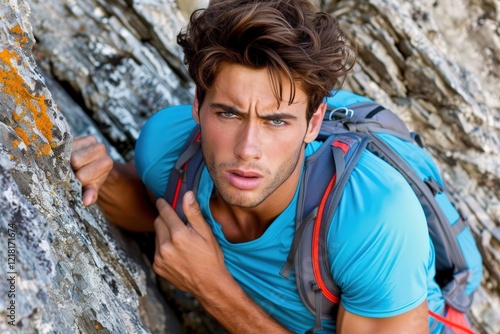 A young man climbs a rocky surface, displaying determination and focus, wearing a blue shirt and a backpack. photo