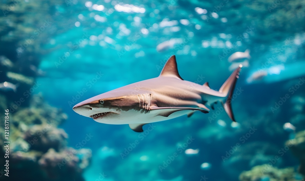 Naklejka premium The shark tunnel in the aquarium is illuminated by sunlight, Generative AI 