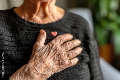 A close-up of an elderly person's hand resting on their chest, adorned with a small heart, symbolizing love and connection.