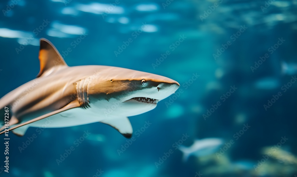 Obraz premium The shark tunnel in the aquarium is illuminated by sunlight, Generative AI 