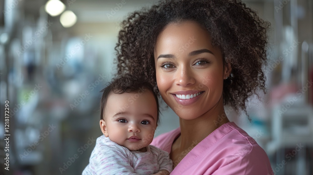 Fototapeta premium Smiling nurse holding baby, hospital background, healthcare (1)