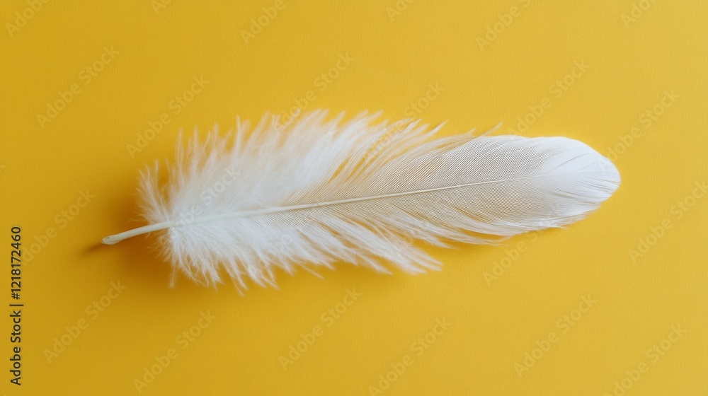 Obraz premium Single white feather on yellow background