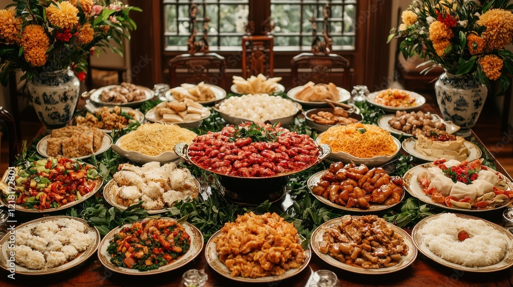 Lavish Chinese Feast: A Table Laden with Culinary Delights and Festive Blooms Lavish Chinese Feast: A Table Laden with Culinary Delights and Festive Blooms