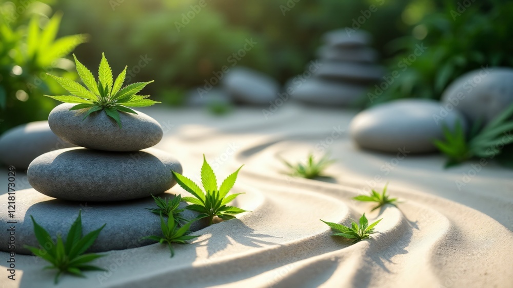 Obraz premium A peaceful Zen garden featuring stones adorned with cannabis leaves, combined with flowing sand patterns. A serene fusion of nature and relaxation, evoking healing energy.