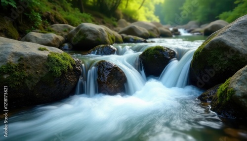 Glistening white water flowing over moss covered rocks, moor rock, white water