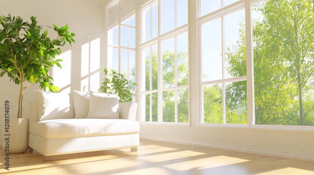 Sunny room, white sofa, large window, green trees, home decor Sunny room, white sofa, large window, green trees, home decor