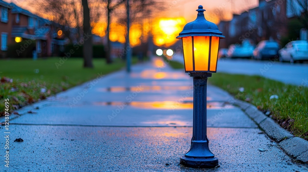 Charming Street Lamp Illuminating a Peaceful Path at Sunset Charming Street Lamp Illuminating a Peaceful Path at Sunset