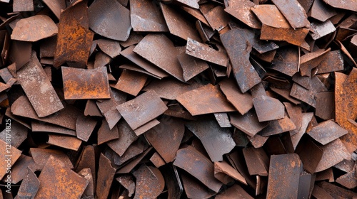 Rusty metal scrap pieces in a pile for recycling and steel production industry photo