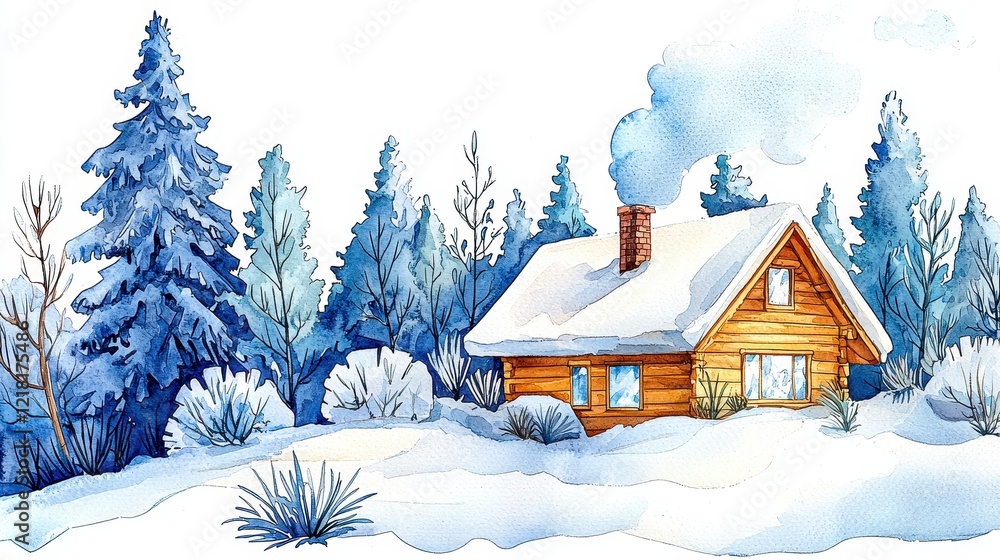 Fototapeta premium Cozy Wooden Cabin Surrounded by Snowy Pines in Winter Landscape