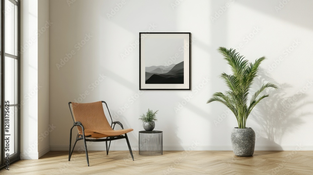 A minimalist living room with an ISO A paper size frame mockup on a white wall, accented by a single chair, a side table, and a potted plant. A minimalist living room with an ISO A paper size frame mockup on a white wall, accented by a single chair, a side table, and a potted plant.