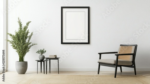 Wallpaper Mural A minimalist living room with an ISO A paper size frame mockup on a white wall, accented by a single chair, a side table, and a potted plant. Torontodigital.ca