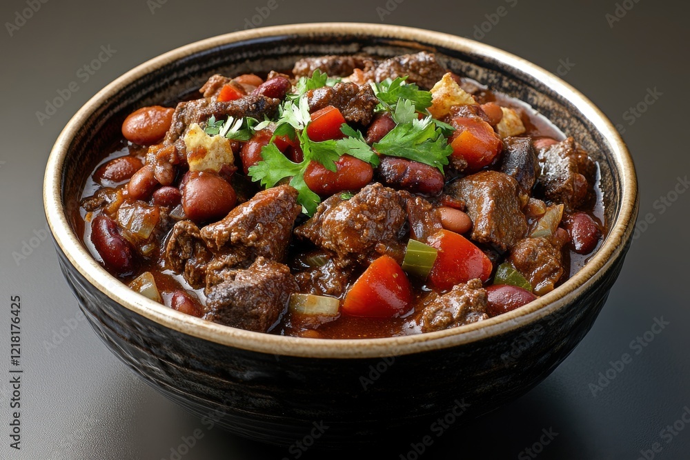 Hearty beef chili in a rustic bowl, garnished with fresh cilantro. A warm and flavorful dish perfect for a cold day. Hearty beef chili in a rustic bowl, garnished with fresh cilantro. A warm and flavorful dish perfect for a cold day.