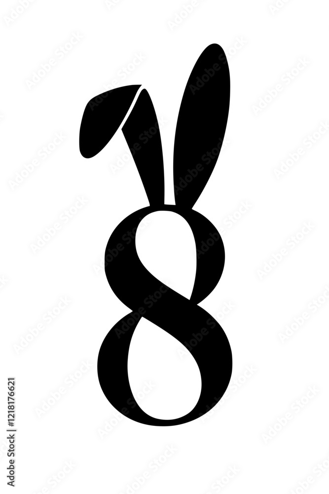 Obraz premium Number 8 with rabbit ears design, Creative black number 8 with playful bunny ears on a white background, blending typography with a fun and whimsical design element. 