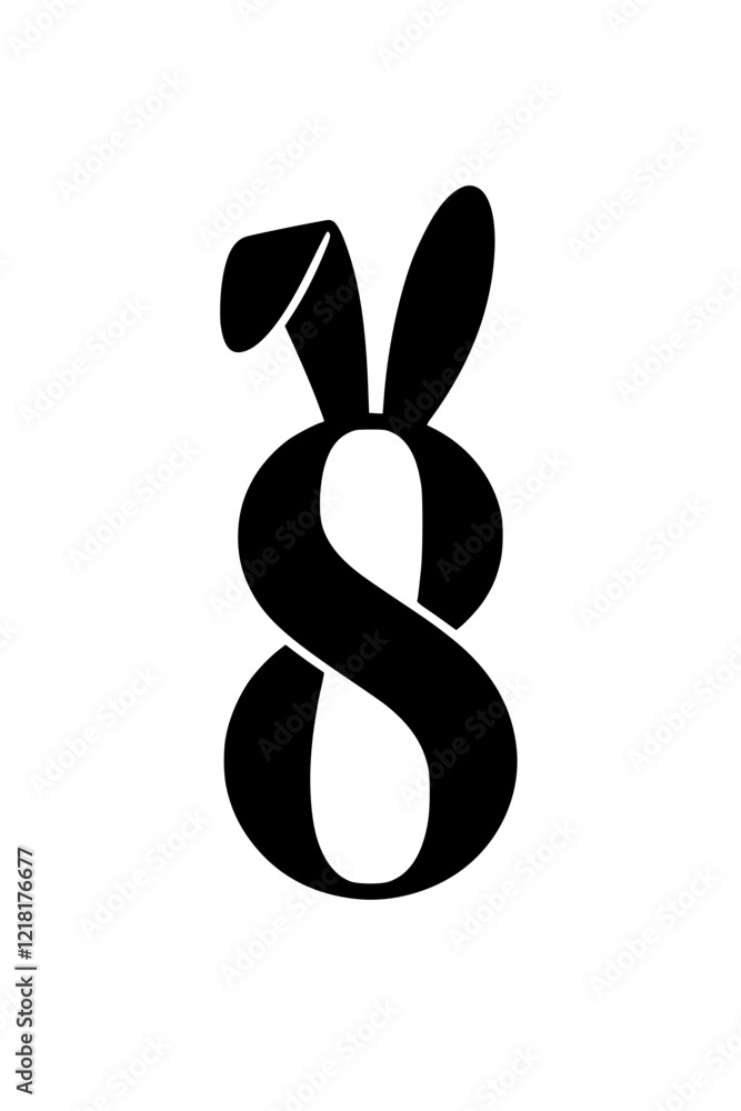 Fototapeta premium Number 8 with rabbit ears design, Creative black number 8 with playful bunny ears on a white background, blending typography with a fun and whimsical design element.