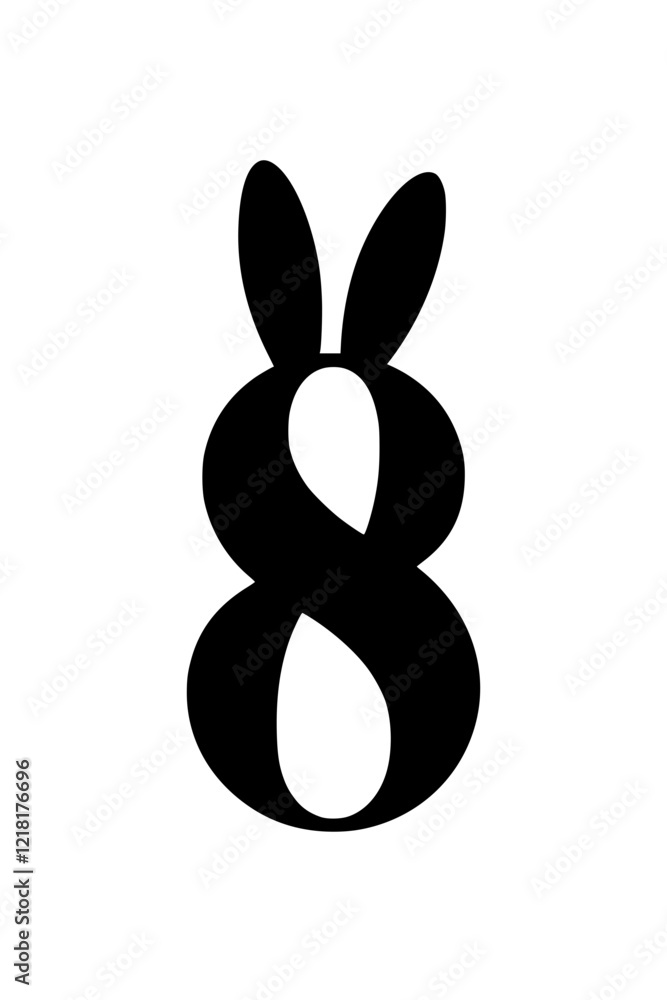 Number 8 with rabbit ears design, Creative black number 8 with playful bunny ears on a white background, blending typography with a fun and whimsical design element.  
  

