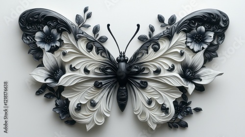 Elegant black and white sculpted butterfly art, floral details, white background, home decor