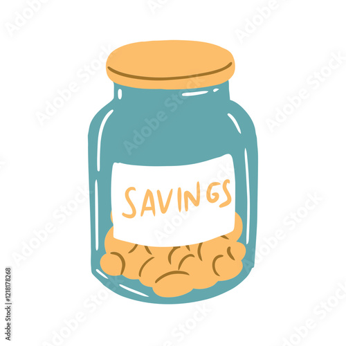 A teal glass jar with a yellow lid and label reading "SAVINGS" is filled with orange coins.  It's a simple, hand-drawn illustration representing financial savings.
