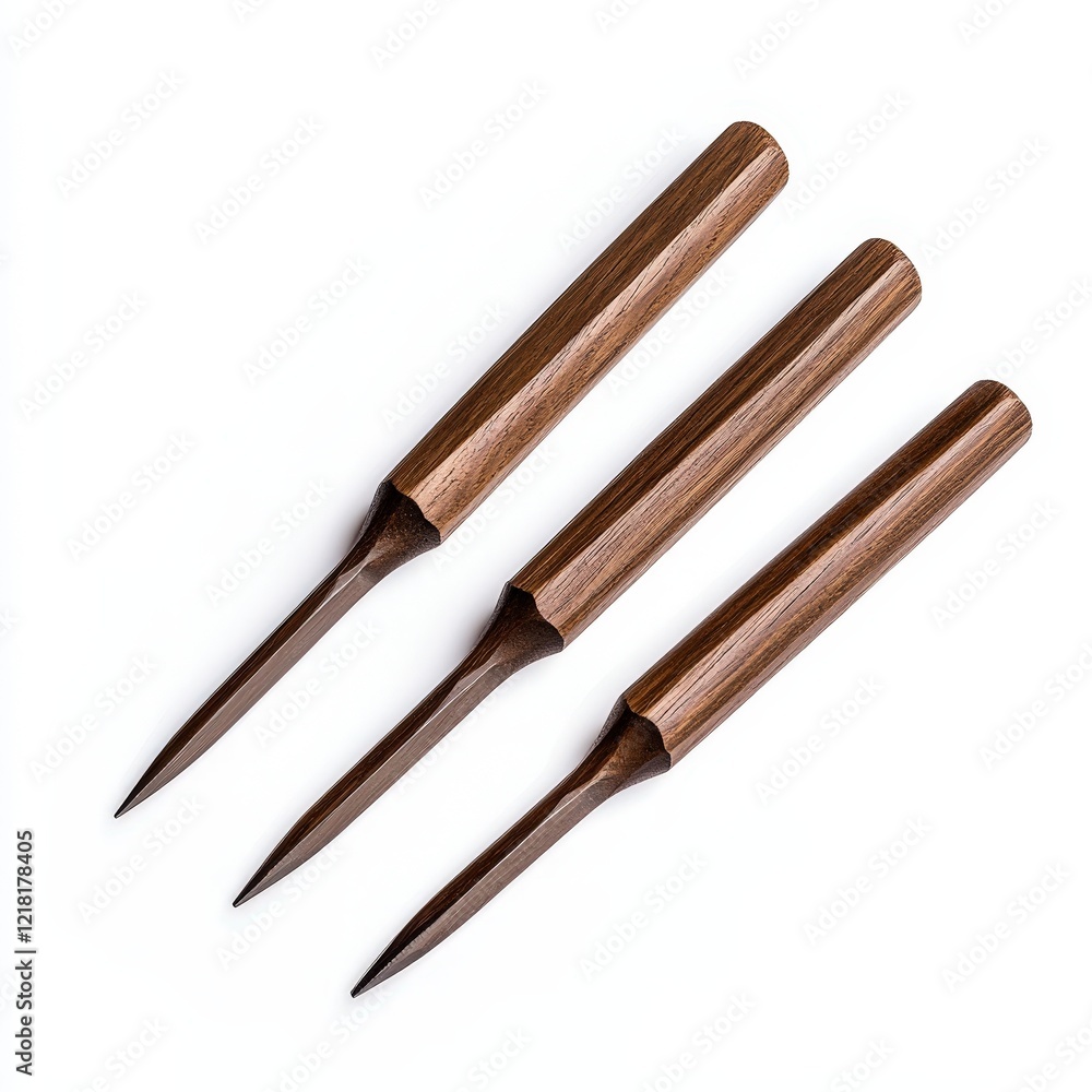 Three wooden knives and a chisel set for wood carving on a white background in sharp focus Three wooden knives and a chisel set for wood carving on a white background in sharp focus