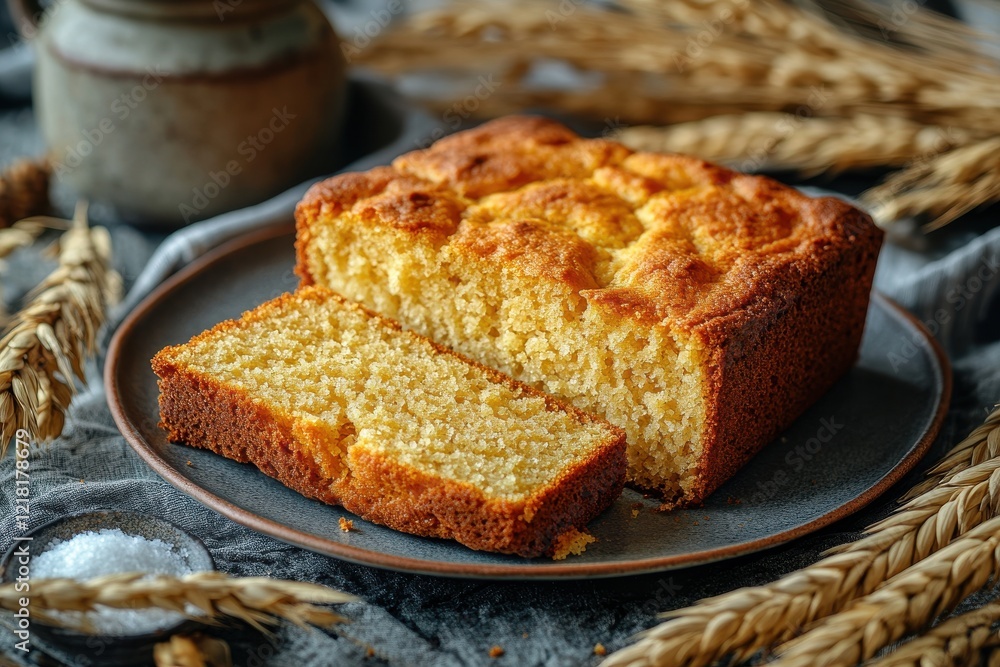 Golden loaf of homemade bread, sliced and served on a rustic plate. Warm, inviting, perfect for a cozy meal. Golden loaf of homemade bread, sliced and served on a rustic plate. Warm, inviting, perfect for a cozy meal.