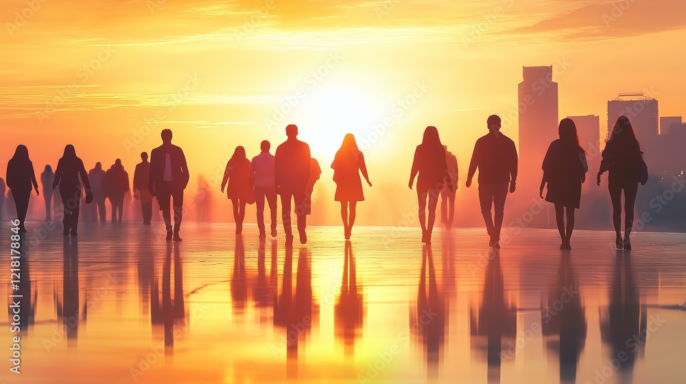 A group of people walking on a street at sunset A group of people walking on a street at sunset