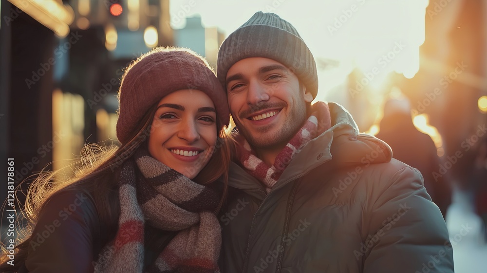 A couple is smiling and posing for a picture on a sunny day