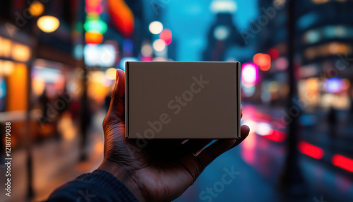 A hand holds a small cardboard box at night photo