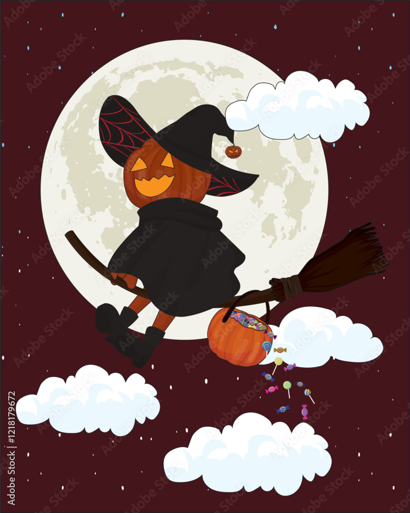Naklejka premium Halloween little pumpkin man riding a broom and distribute candy in night Vector
