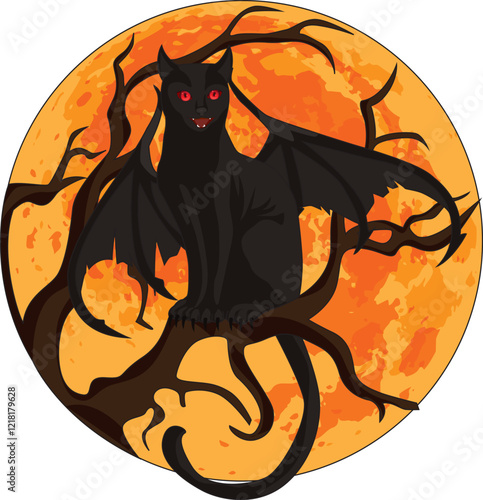 Evil black cat with wings sitting on branch halloween vector