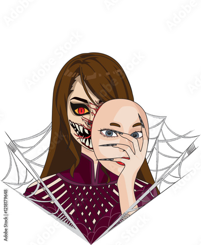 Scary Witch Showing Her Real Face Removing Her Beauty Mask Vector