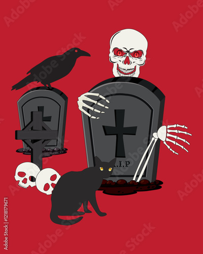 Halloween cemetery with skull crow and cat vector