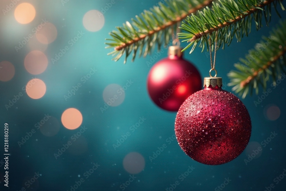 Glittering glass ball ornaments hanging from a branch, decorate, festive, branches Glittering glass ball ornaments hanging from a branch, decorate, festive, branches