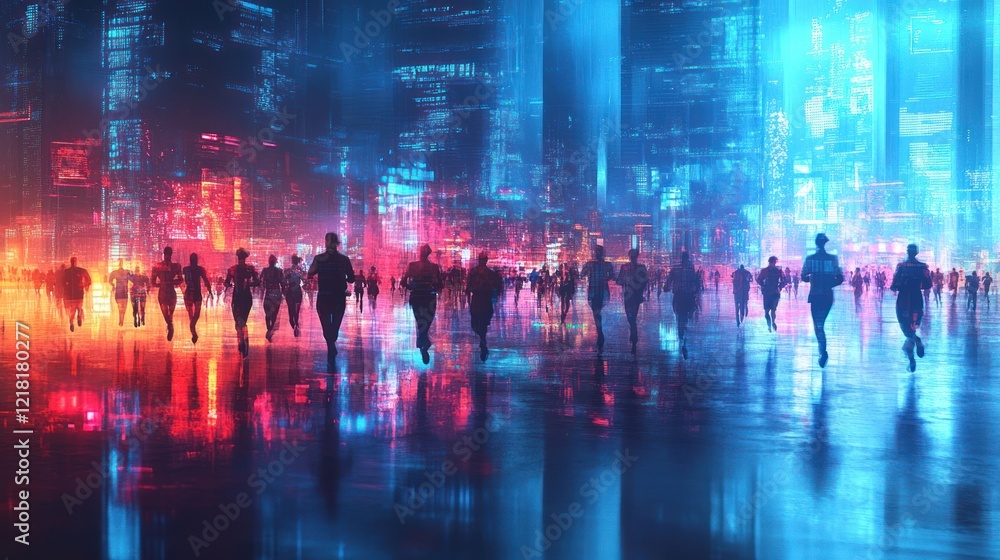 Crowd of people running through a futuristic neon city at night. Crowd of people running through a futuristic neon city at night.