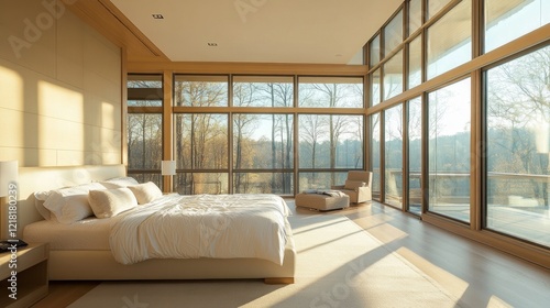 Sun-Drenched Bedroom with Panoramic Forest Views and Modern Design