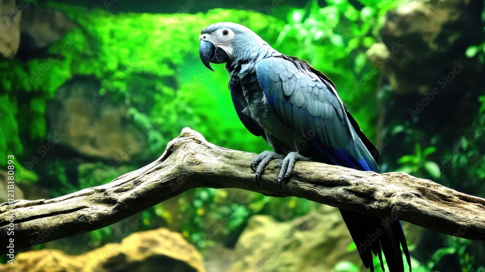 A vibrant blue parrot perched on a weathered branch, surrounded by lush green foliage. A captivating scene of nature's beauty. A vibrant blue parrot perched on a weathered branch, surrounded by lush green foliage. A captivating scene of nature's beauty.