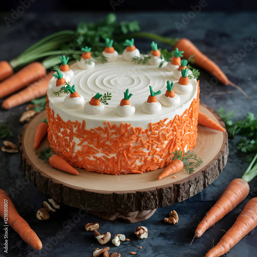 Delicious National slice carrot cake day with cream and wooden bord photo